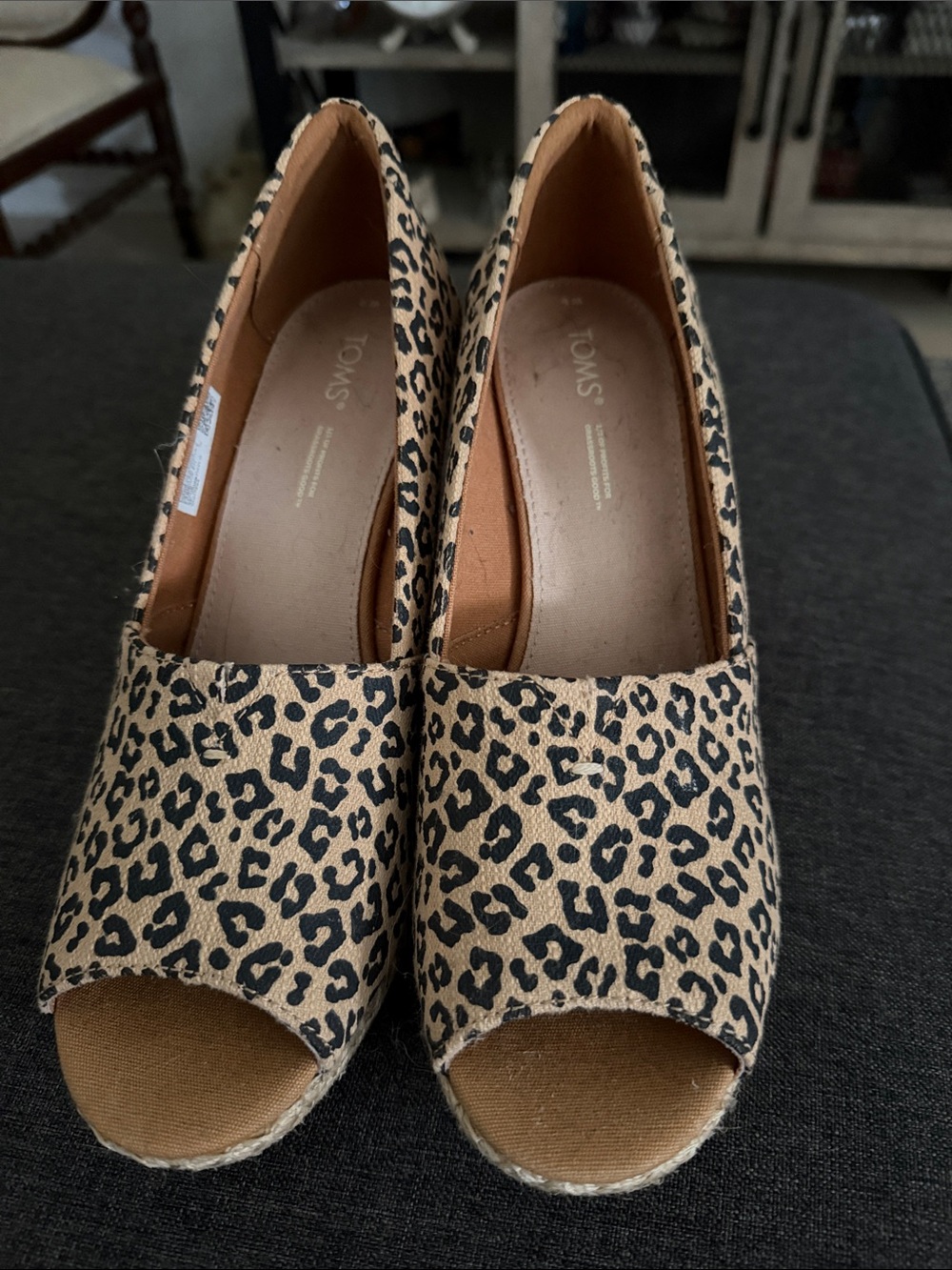 Brand new TOMS Leopard Print Peep-Toe Espadrille Wedges - Beige/Black